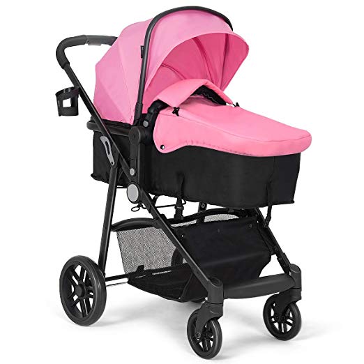  Baby Stroller, 2 in 1 Convertible Carriage Bassinet to Stroller, Pushchair with Foot Cover, Cup Holder, Large Storage Space, Wheels Suspension, 5-Point Harness (Pink Color)