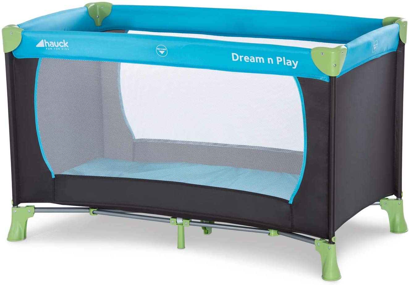 Angelcare OEM Hauck Dream’n Play, Travel Cot 120 x 60 cm from Birth to 15 kg, 3-Part Travel Bed with Folding Mattress and Carry Bag, Tilt-Resistant, Waterblue