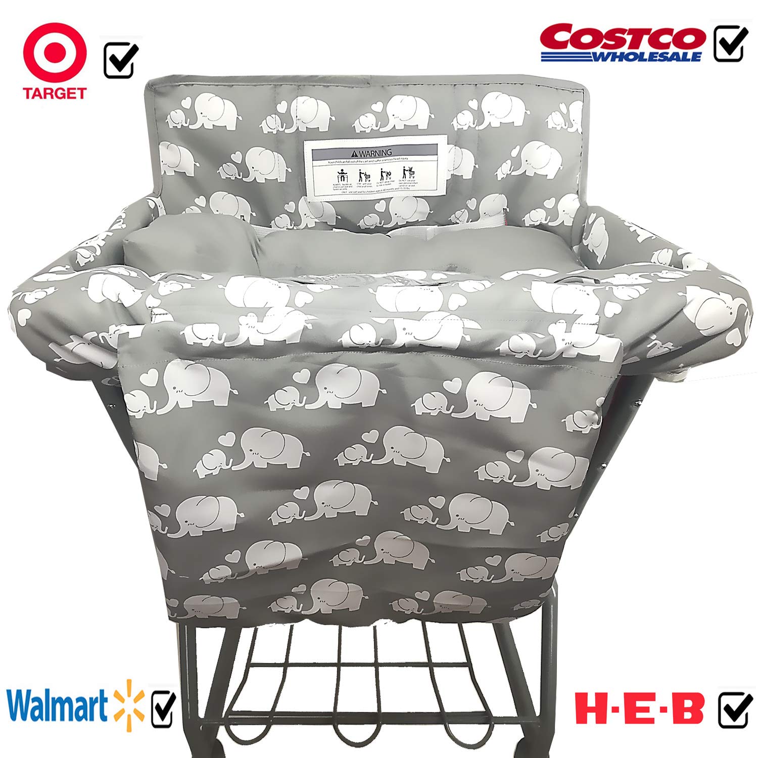 Acplaypen Soft Pillow Attached 2-in-1 Shopping Cart and High Chair Cover for Baby~Padded~Fold'n Roll Style~Portable with Free Carry Bag (Elephant)