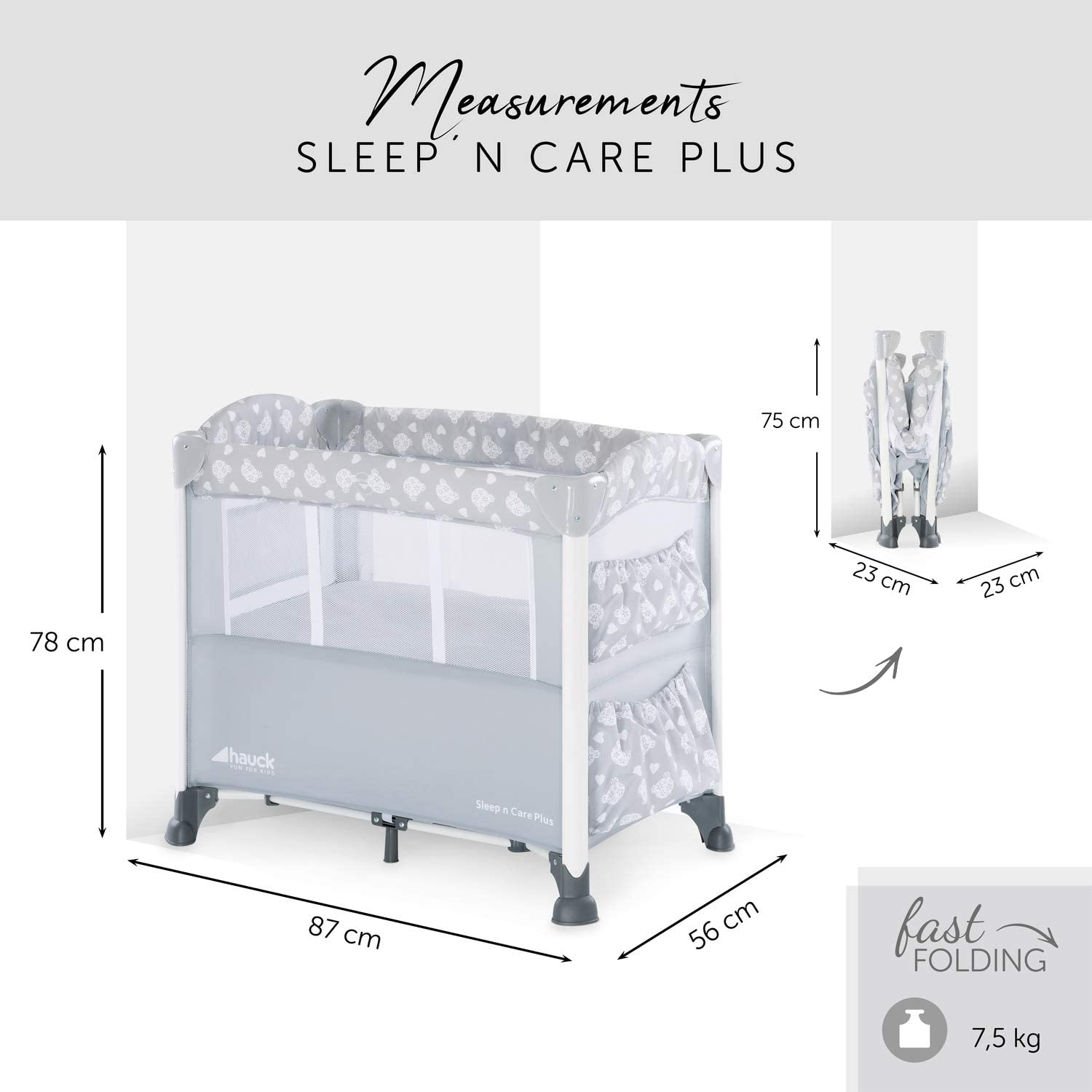 Acplaypen Sleep'n Care Plus, Bedside Cot, Travel Cot from Birth with Lowerable Side Part, Folding Mattress, Wheels, Pockets, Carry Bag, Small Foldable Bed, Teddy Grey