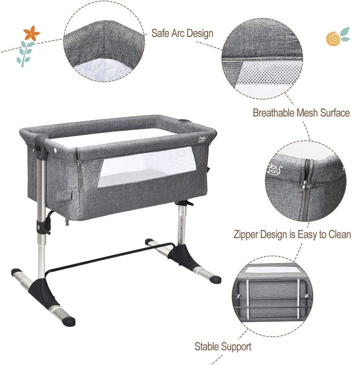 acplaypen Bedside Sleeping Crib, Height Adjustable Breathable Mesh Window Baby Play Pen for Newborn Toddler, Folding Bassinet Side Sleeper Travel Cot with Washable Mattress and Storage Bag