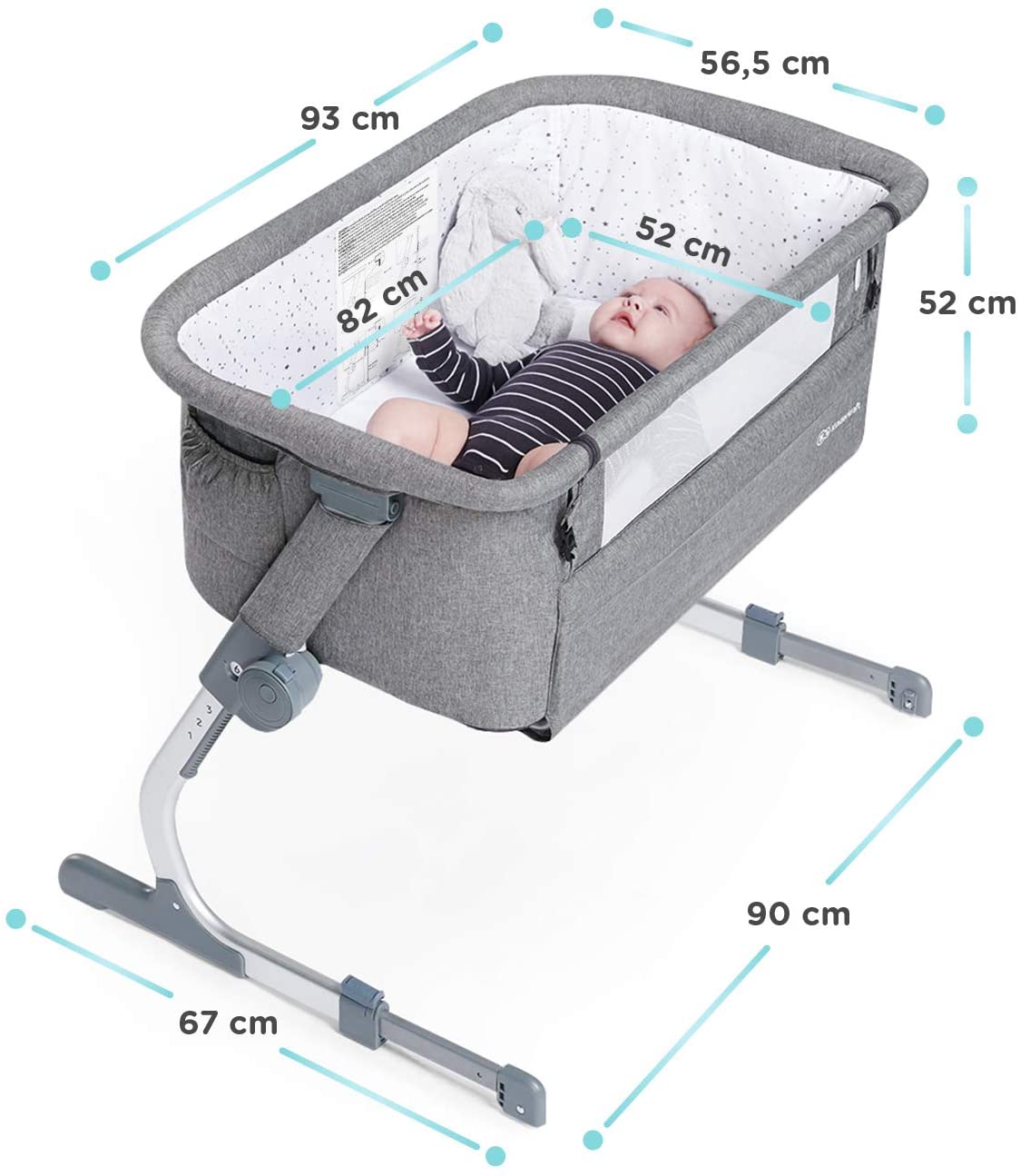 Bedside Crib UNO UP, Travel Cot, Co-Sleeping Bed, Ajustable Height, Easy Fixing, Foldable Side Wall, Transport Wheels, with Accessories, Mattress, Cotton Sheet, for Newborn