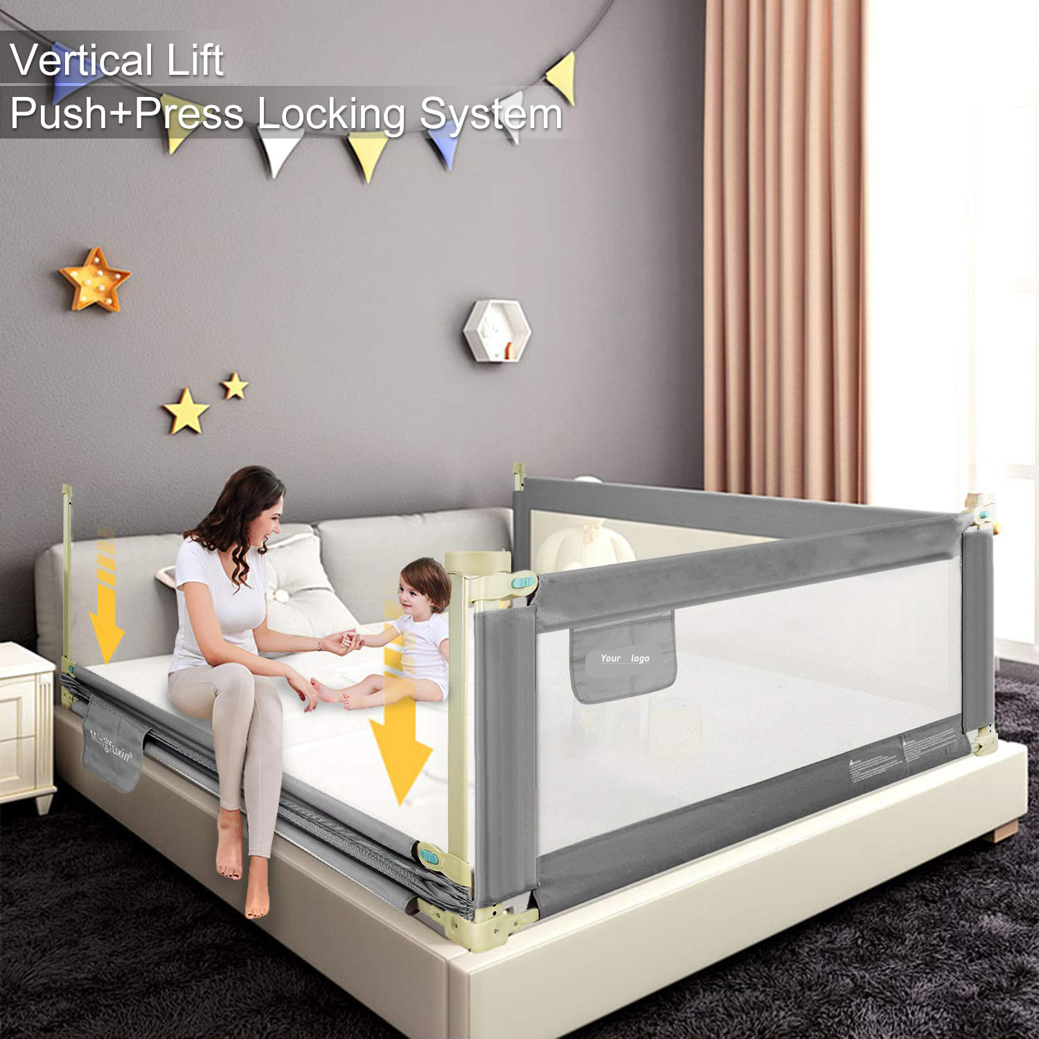 Acplaypen.com Extra Long Safety Bed Rails for Toddlers, Vertical/twosides  Lifting Foldable Bed Guardrail Crib Bed Rails Guard for Kids Twin, Double, Queen & King Size with Dual Lock- Single Side 70"