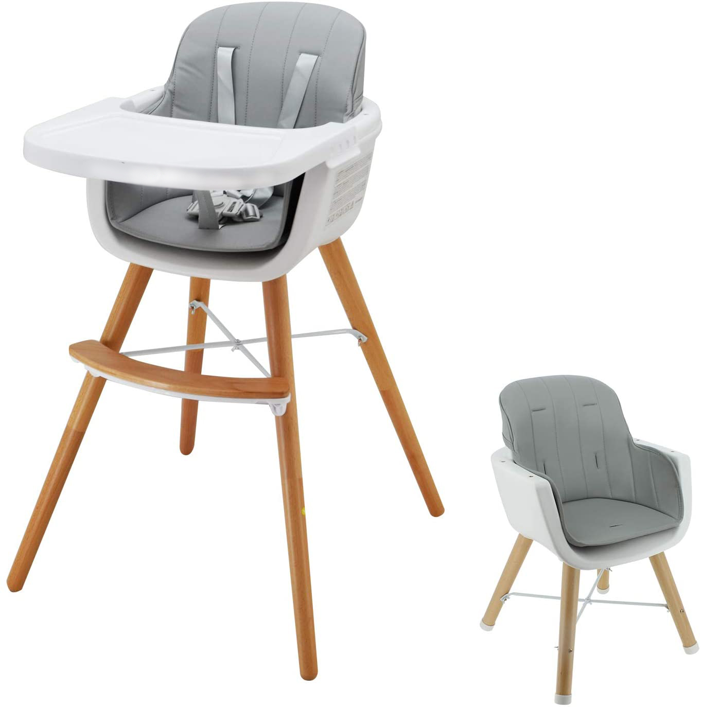 Acplaypen Baby Wooden HighChair for Baby and Toddlers with a Soft Seat, Adjustable Baby Feeding Chair Maggie  Two-Tier and a Removable Tray, Grey