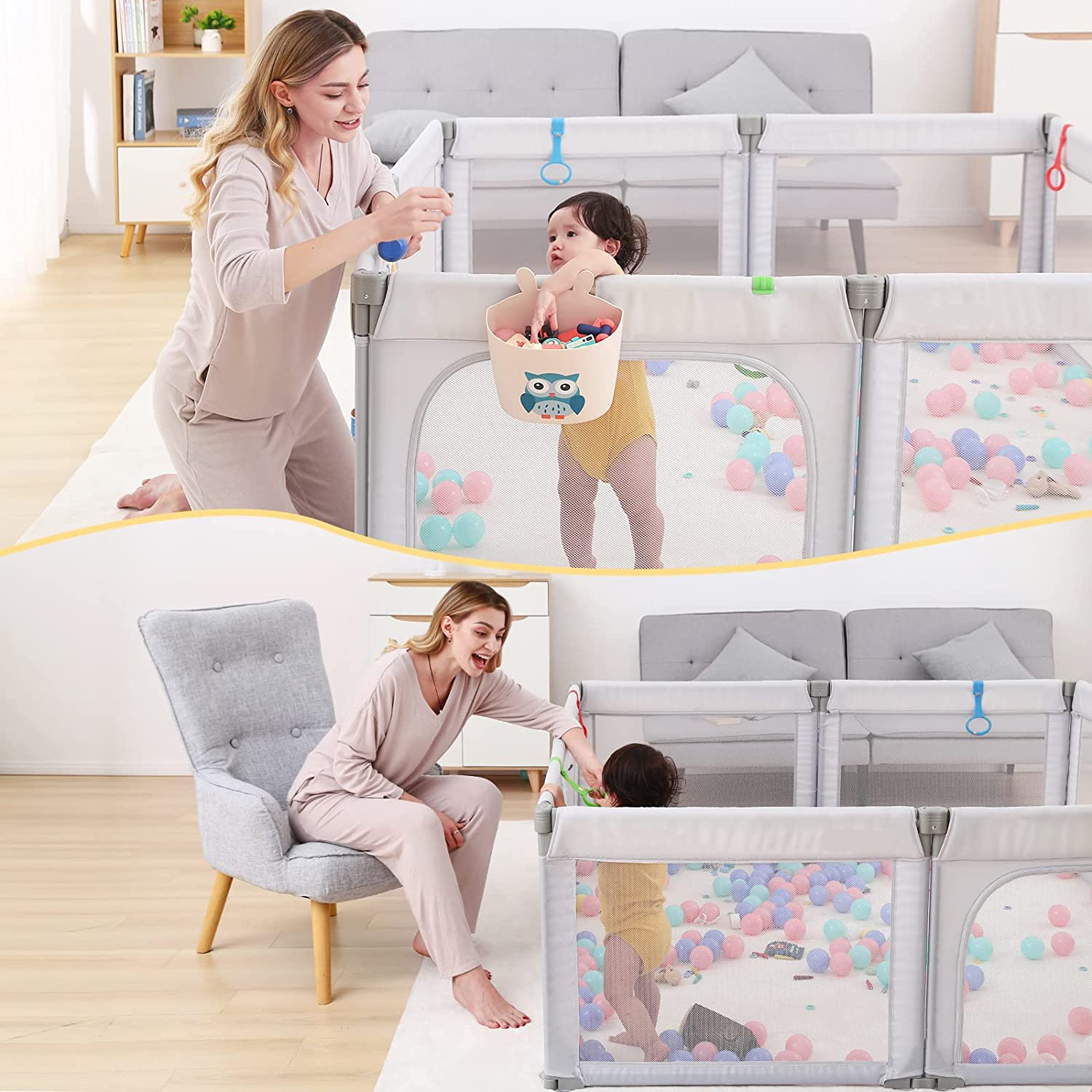 acplaypen Foldable Baby Playpen, Play Pens for Babies and Toddlers, with 4 Pull Rings and 1 Storage Box, Large Playards for Easy Installation and Storage, Material Safety and Stability.
