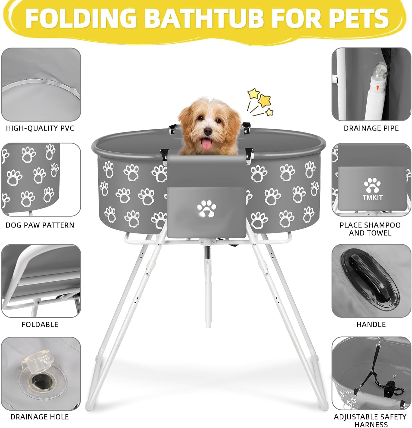 Acplaypen Foldable Dog Bath Tub, 5-Levels of Height Adjustable Save Your Back, Portable Wash Station for Pet Shower Grooming, Best for Small Medium Dogs, Puppies, Cats