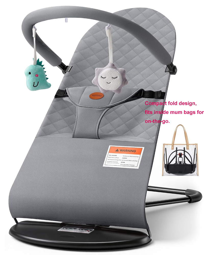 baby Portable+ajustable height Baby Bouncer Seat for Infants, 0-18 Months, 3 Modes of Use with Rocker & Stationary Options, Ergonomic Infant Chair with Hanging Toys – Grey