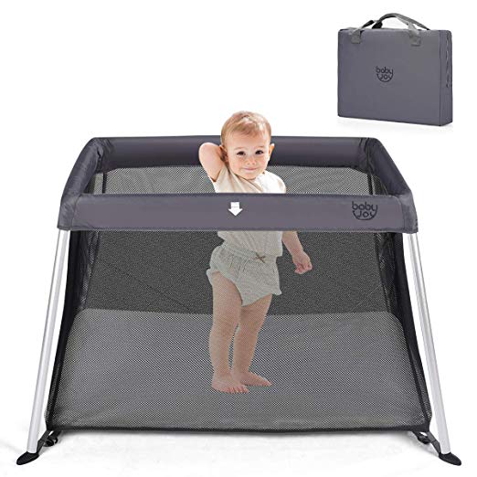 Y Baby Playpen, Ultra-Light Aluminum Portable Travel Crib with Comfy Mattress & Oxford Carry Bag, Dark Gray