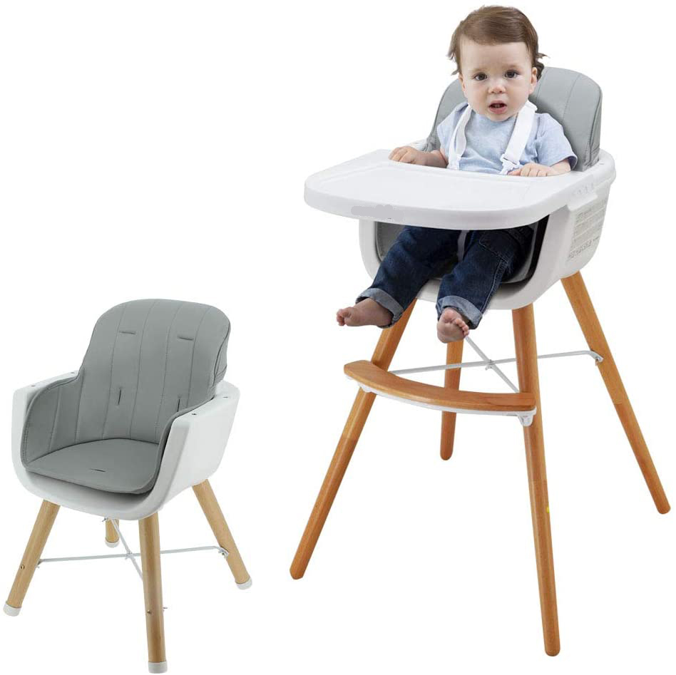 Acplaypen Baby Wooden HighChair for Baby and Toddlers with a Soft Seat, Adjustable Baby Feeding Chair Maggie  Two-Tier and a Removable Tray, Grey